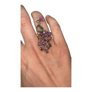 Elegant Peacock Ring with Purple & Red rhinestone Accents